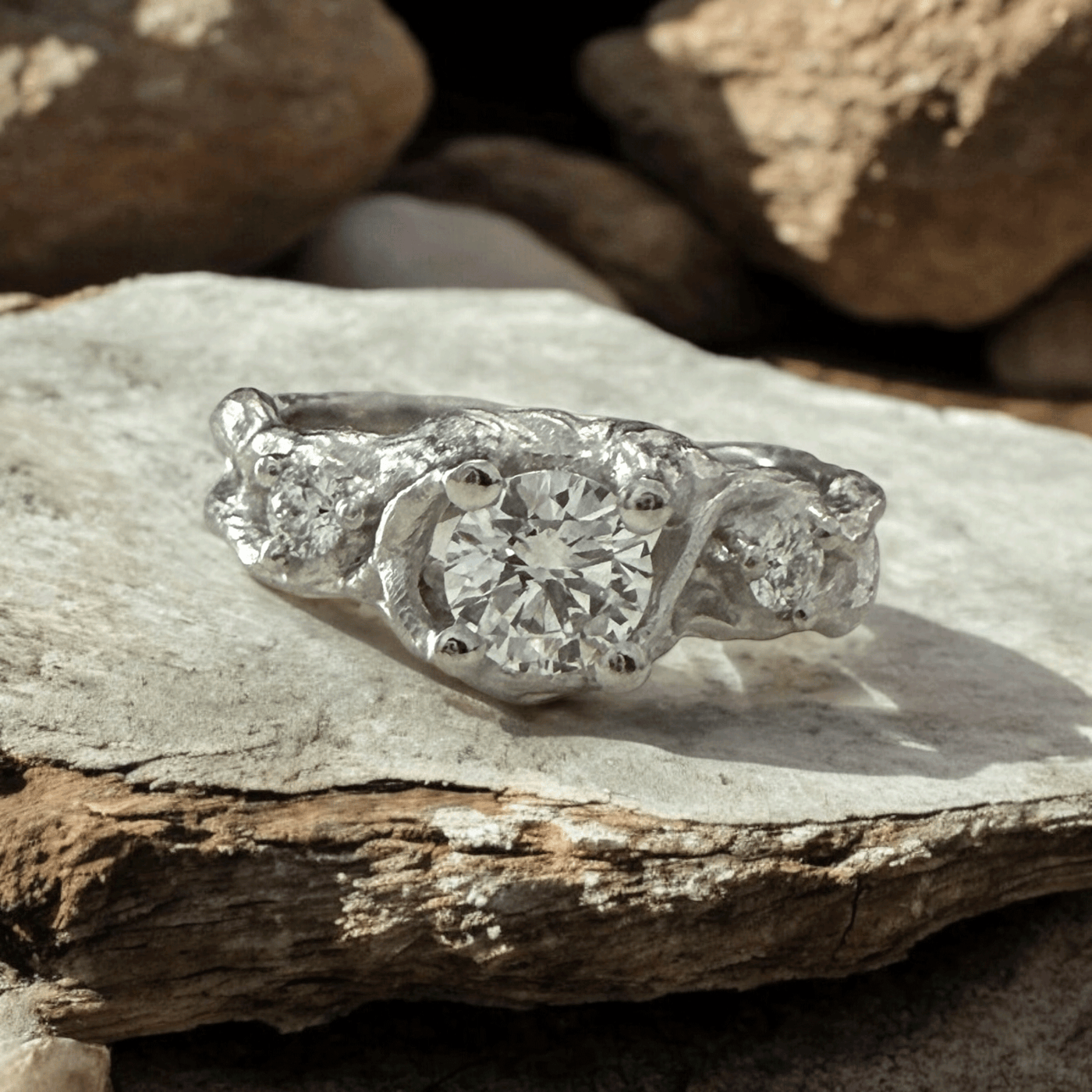 Three Stone Twisted Driftwood Engagement Ring - Flowform